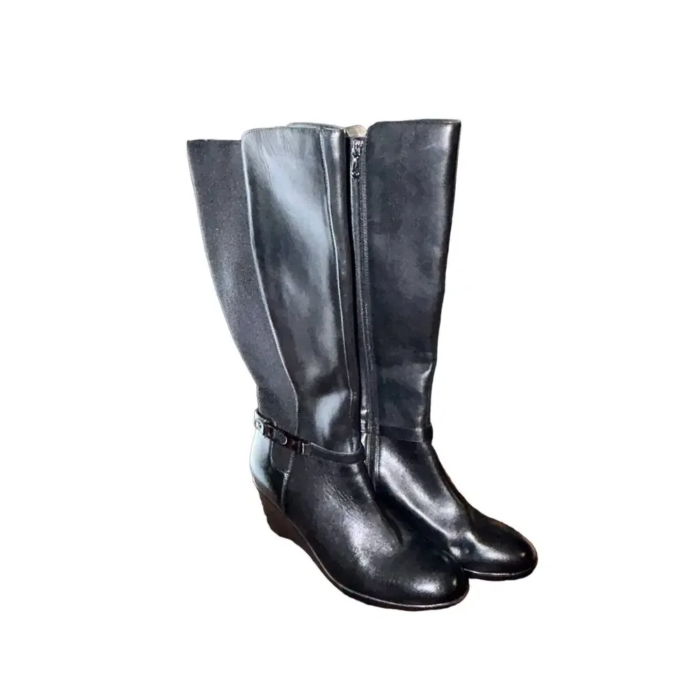 Blondo Lana Knee High Riding Boots Women 9 Black Leather Wedge Stretch B4933-11